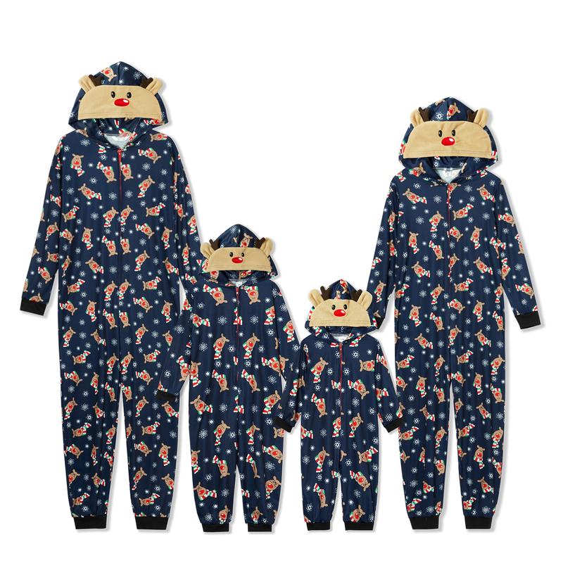 Elk Print Jumpsuit Christmas Pajamas For Family, Elk Print Hooded Long Sleeve Jumpsuit with Zipper for Woman, Man, Kid, Baby