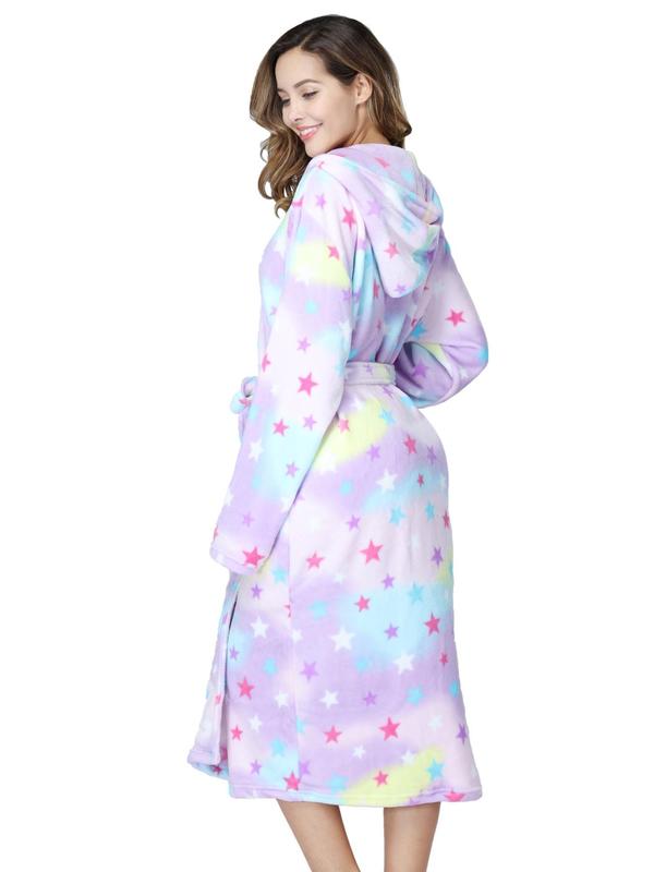 Women's All Over Print Flannel Hooded Robe, Fashion Dual Pocket Drop Shoulder Belted Bathrobe, Women's Sleepwear & Loungewear for Fall & Winter, Fall Wear, Fallfreshness