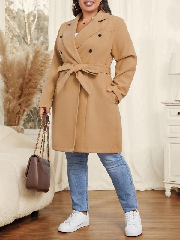 CURVZY Plus Size Solid Double Button Pocket Belted Pea Coat, Casual Long Sleeve Lapel Neck Outerwear for Fall & Winter, Women's Clothes for Daily Wear