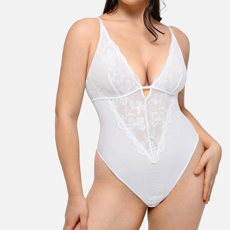 FeelinGirl Lace Shapewear Bodysuit Tummy Control Deep V Lingerie for Women One Piece Backless Body Suit Thongs Breathable Comfortable Womenswear FeelinGirlshop