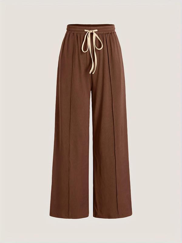 Two-Piece Set Women's Solid Color Ruched Tee & Drawstring Waist Pants, Casual Round Neck Long Sleeve Top & Wide Leg Trousers for Daily Wear, Ladies Two-piece Outfits for All Seasons