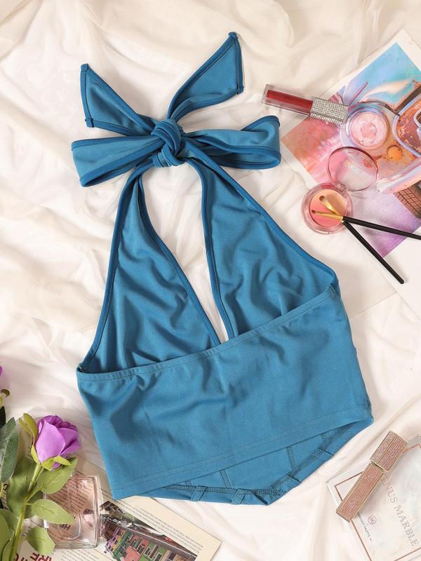 Women's Plain Halter V Neck Bustier Crop Top, Summer Clothes Women, Tie Back Ruched Sleeveless Backless Tops for Party Holiday Vacation,  Cute Crop Tops, Lady Basic Summer Clothing for Daily Wear, Streetwear Womenswear, Latina Outfits