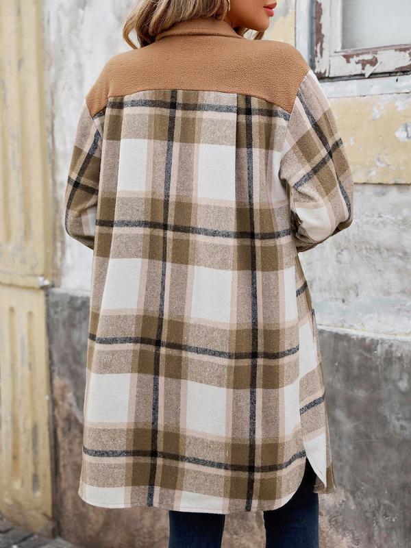 Women's Plaid Print Button Front Pocket Coat, Casual Long Sleeve Collared Outerwear for Fall & Winter, Ladies Clothes for Daily Wear