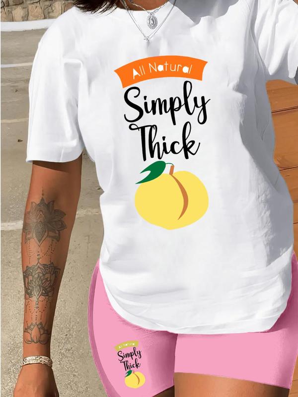 Two-Piece Set Women's Short Sleeve Graphic Tee & Skinny Shorts Matching Sets, Fruit Letter Print Round Neck T-shirt & Shorts Two Piece Set, Back-to-School Clothing, Casual Summer Outfits 2024 Sets for Daily Wear