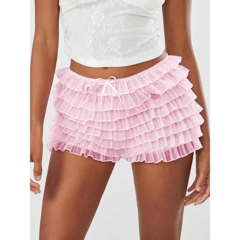 Women's Summer Ruffled Frilly Shorts, Multi-Layer Mesh Short Pants Sweet Cute Bloomers