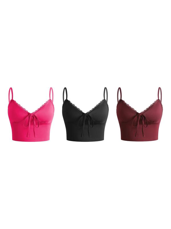 Women's Lace Trim Tie Front Cami Top, Casual Sleeveless Spaghetti Strap Crop Top, Inappropriate Crop Tops, Summer Clothes Women, Summer Camisole Tops