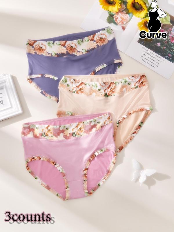 Plus Size Contrast Floral Print Knicker, Casual High Rise Panties Set, Underwear for Women, Panties for Women, Plus Size Women's Underwear