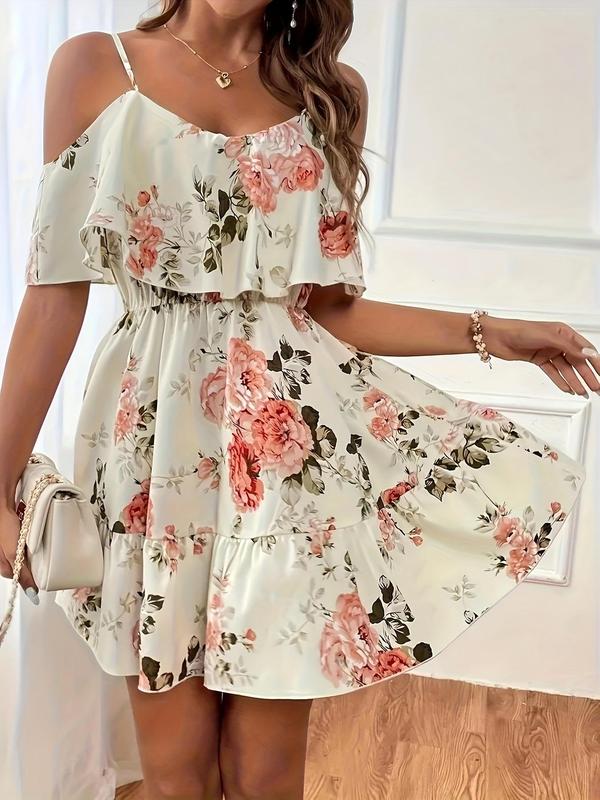 Women's Floral Print Cold Shoulder Ruffle A Line Vintage Dress, Summer Outfits 2024, Boho Flounce Sleeve Short Dress for Beach Holiday Vacation, Bohemain Lady Sundress, Ladies Birthday Outfit Black Girl Thneed Dress