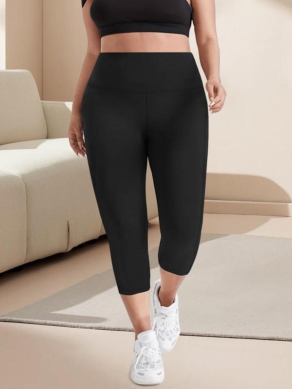 Plus Size Solid High Waist Pocket Capri Leggings, Casual Comfort Basic Skinny Capri Pants for Daily Womenswear, Leggings for Women, Women's Bottoms for Summer