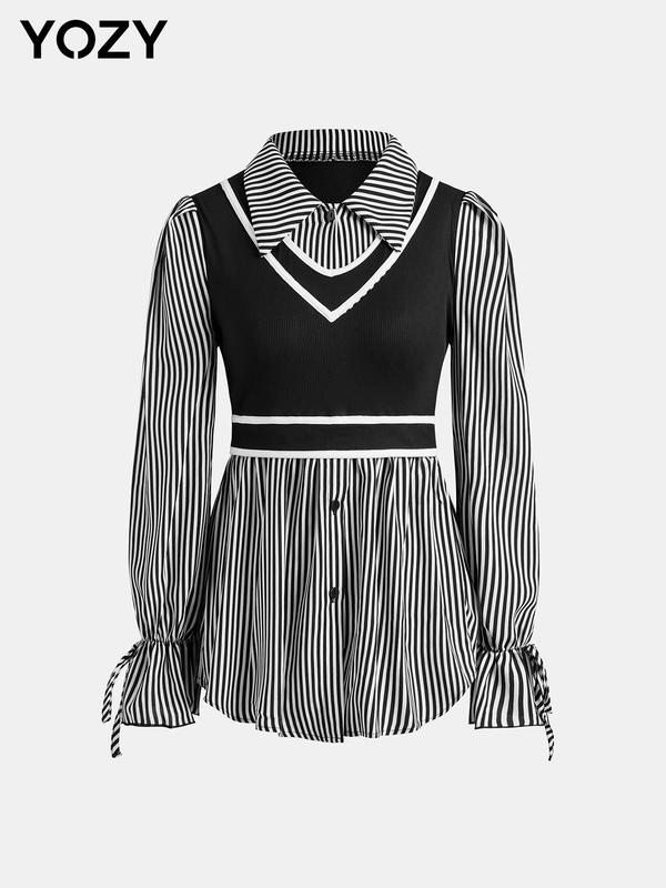 Black Friday Deals YOZY Women's Colorblock Striped Print 2 in 1 Button Front Ribbed Blouse, Casual Flounce Sleeve Collared Top for Spring & Fall, Women's Clothes for Daily Wear,Christmas 2024 Trend,Thanksgiving Clothing,Fall Clothing,Winter Clothing