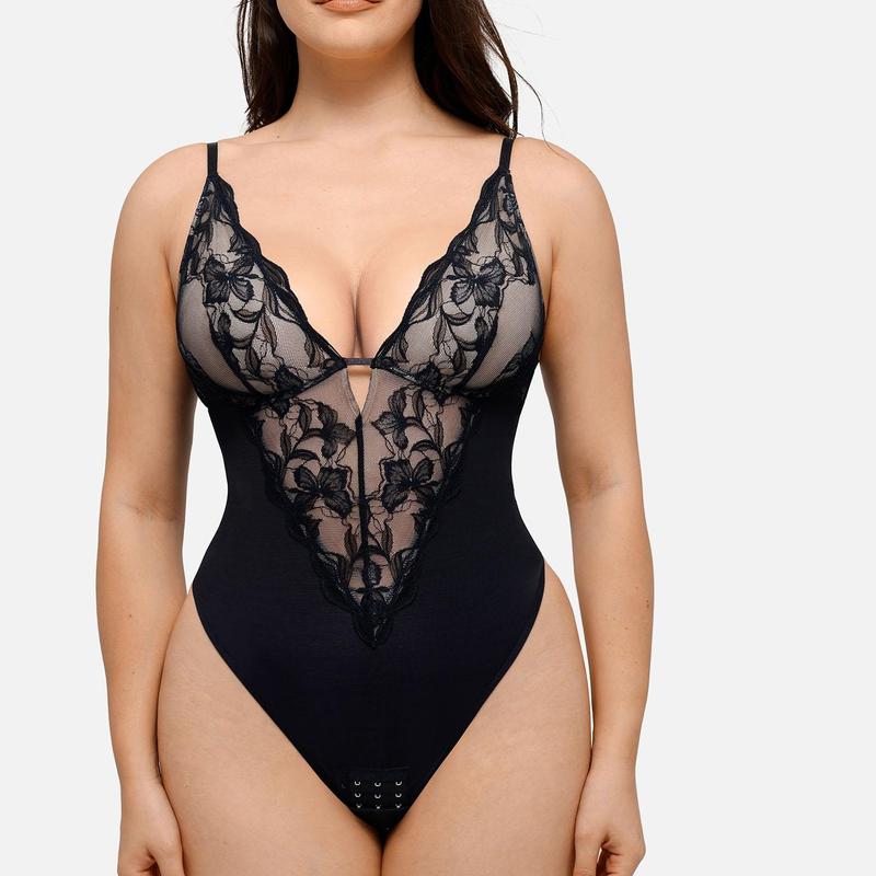 FeelinGirl Lace Shapewear Bodysuit Tummy Control Deep V Lingerie for Women One Piece Backless Body Suit Thongs Breathable Comfortable Womenswear FeelinGirlshop