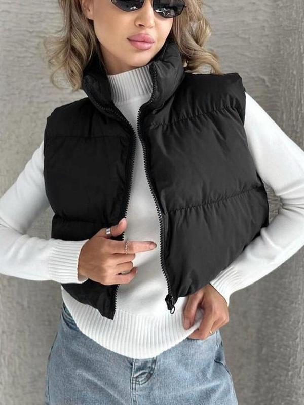 Women's Solid Zip Up Crop Puffer Vest, Casual Stand Collar Sleeveless Outerwear for Fall & Winter, Ladies Clothes for Daily Wear