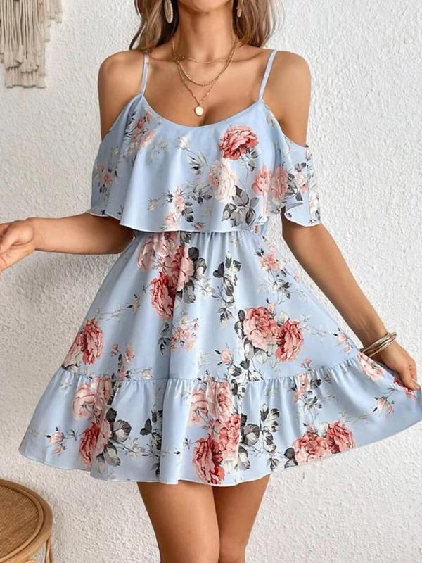 Women's Floral Print Cold Shoulder Ruffle A Line Vintage Dress, Summer Outfits 2024, Boho Flounce Sleeve Short Dress for Beach Holiday Vacation, Bohemain Lady Sundress, Ladies Birthday Outfit Black Girl Thneed Dress