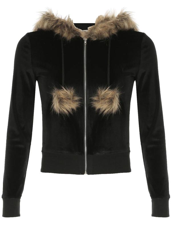 Women's Contrast Faux Fur Hooded Velvet Jacket, Casual Long Sleeve Zip Up Outerwear for Fall & Winter, Ladies Clothes for Daily Wear