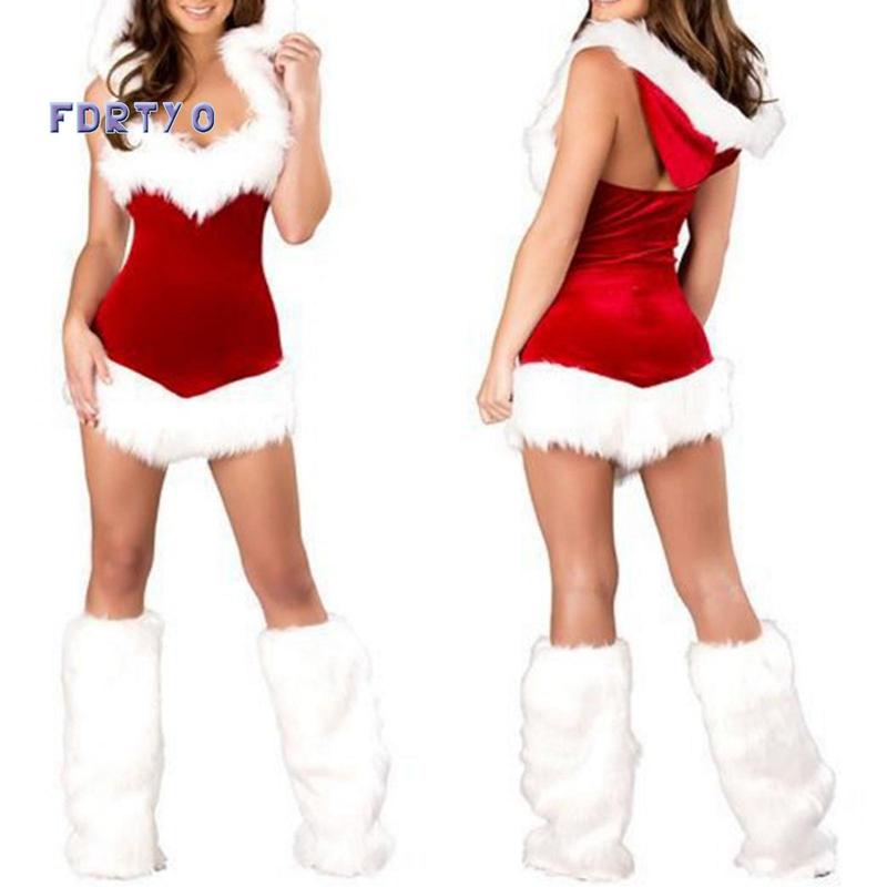 Women Christmas Costume Santa Cosplay Dress Plush Trim Patchwork Dress Party Costume with Hat and Leg Warmers party banquet