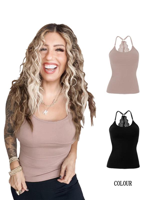 Two-piece Set Pack Women's Contrast Lace Backless Cami Top, Casual Sleeveless Spaghetti Strap Top for Daily Wear, Ladies Clothes for All Seasons