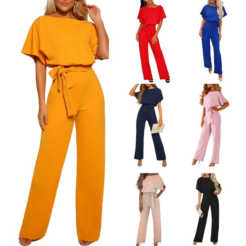 Women Jumpsuit, Elegant Short Sleeve Hollowed Waist Tie Solid Summer Wide Leg Pants Womenswear Belt Light Overalls