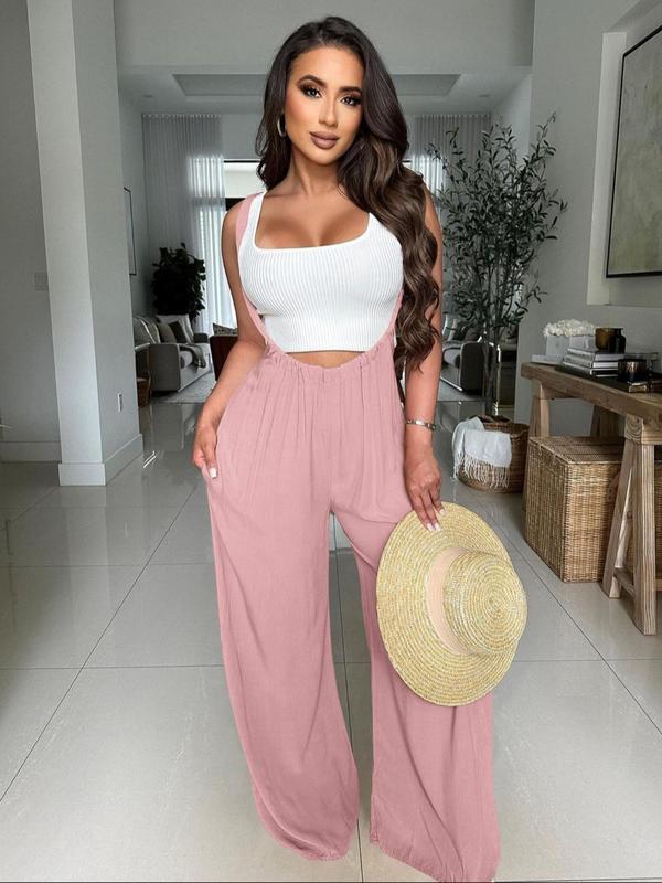 Women's Solid Drawstring Tie Back Wide Leg Pocket Suspender Pants, Baggy Pants Casual Loose Jumpsuit, Minimalist Summer Clothes, Trousers for Women, Summer Outfits, Women's Back To School Bottoms for Daily Wear, Fall Clothes