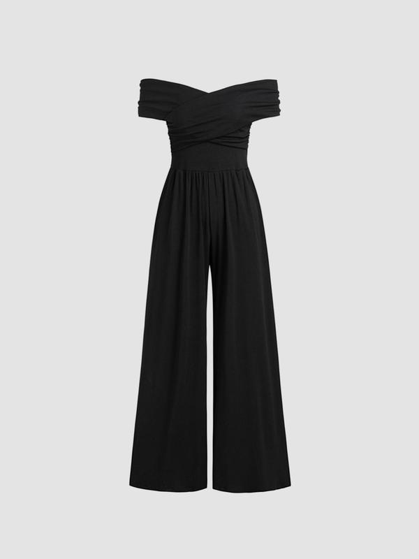 Women's Plain Off Shoulder Ruched Wide Leg Jumpsuit, Casual Criss Cross Jumpsuit for Summer, Fashion Women's Clothing for Daily Wear