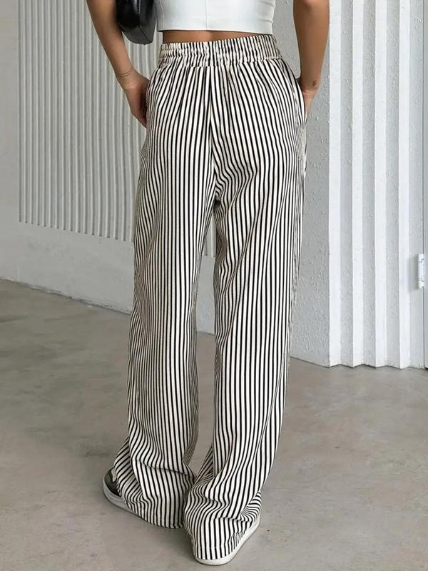 Women's Striped Print Drawstring Waist Wide Leg Pants, Casual Pocket Trousers for Summer, Women's Bottoms for Daily Wear