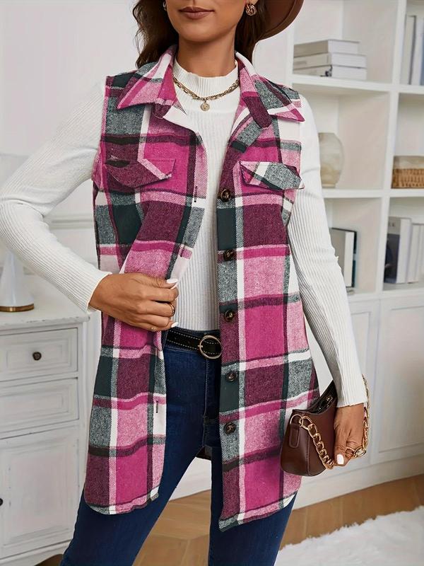 Women's Plaid Print Button Front Shirt Collar Vest Coat, Casual Pocket Sleeveless Outerwear for Daily Wear, Ladies Clothes for All Seasons