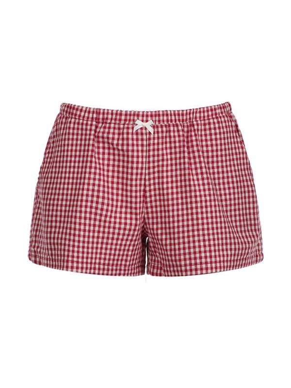 Women's Plaid Print Bow Decor Shorts, Casual Comfy Pocket Shorts for Daily Wear, Ladies Bottoms for All Seasons