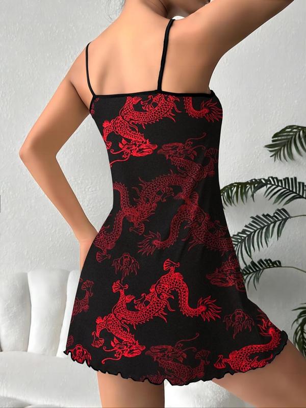 Women's All Over Dragon Print Lettuce Trim Cami Nightdress, Casual Soft Comfortable Spaghetti Strap Scoop Neck Nightgown for Summer, Ladies Sleepwear for Indoor Wear