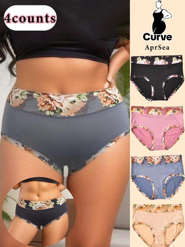 Plus Size Contrast Floral Print Knicker, Casual High Rise Panties Set, Underwear for Women, Panties for Women, Plus Size Women's Underwear