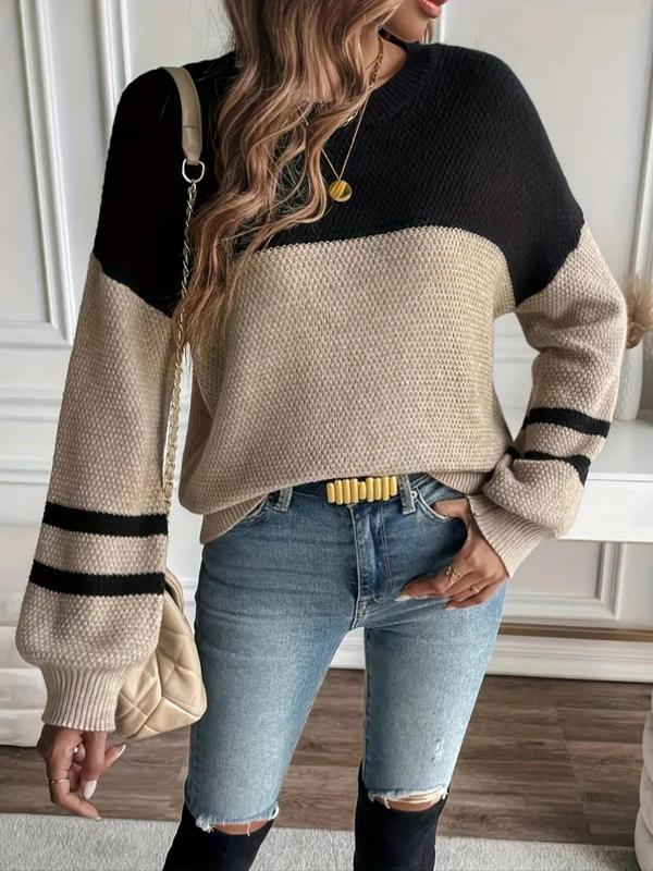 Plus Size Patchwork Drop Shoulder Sweater, Casual Long Sleeve Round Neck Jumper for Fall & Winter, Going Out Tops, Women's Plus Clothing for Daily Wear