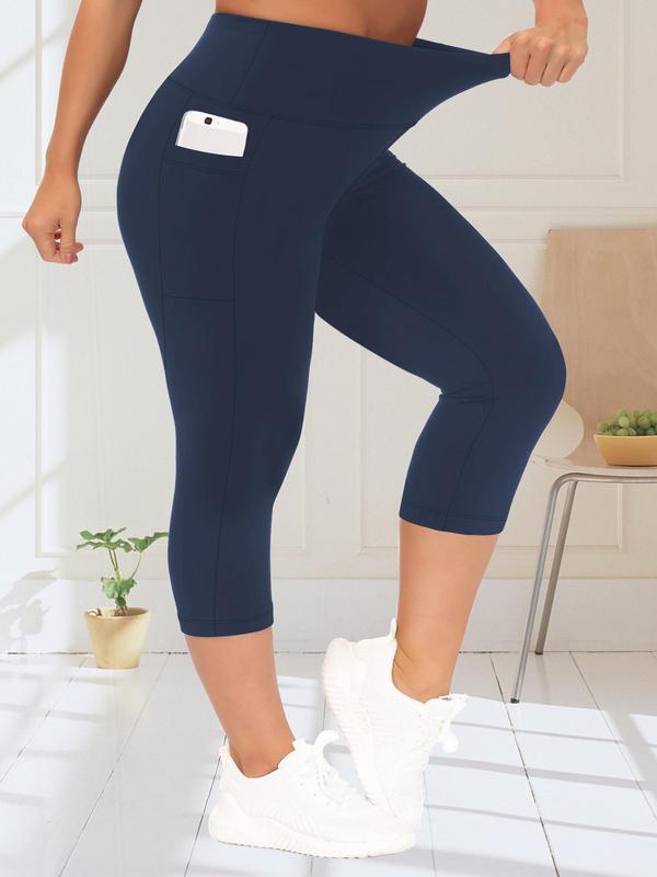 Plus Size Solid High Waist Pocket Capri Leggings, Casual Comfort Basic Skinny Capri Pants for Daily Womenswear, Leggings for Women, Women's Bottoms for Summer