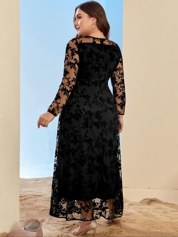  Floral Pattern Contrast Mesh Sheer Zipper Back A Line Dress, Elegant Long Sleeve Round Neck Dress for Party Holiday Wedding Guest, Women's Clothes for Fall & Winter