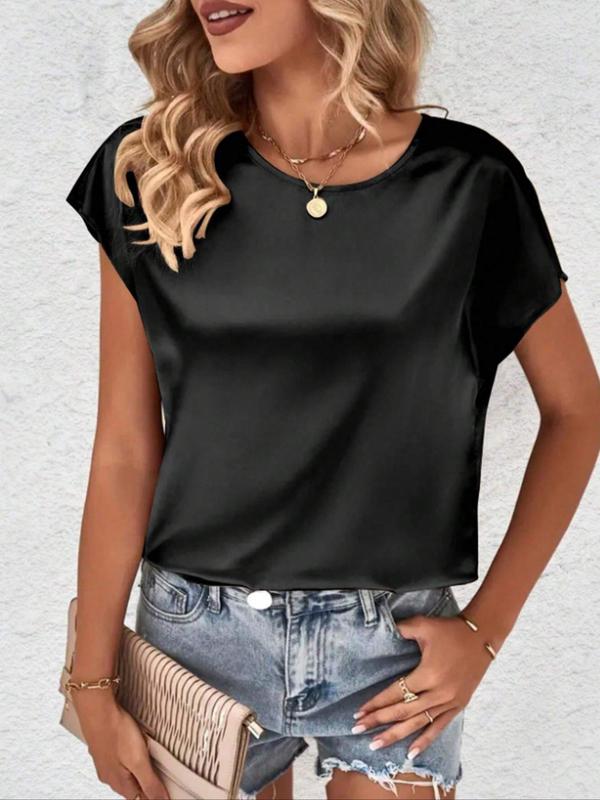  Women's Plain Round Neck Cap Sleeve Satin Blouse, Summer Clothes Women, Summer Tops, Comfortable Womenswear, Casual Batwing Sleeve Top, Women's Clothing Summer Holiday Outfits 2024