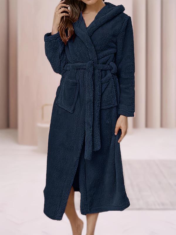  Solid Belted Wrap Coral Fleece Lounge Robe, Casual Long Sleeve Pocket Lounge Robe, Women's Sleepwear for Fall & Winter