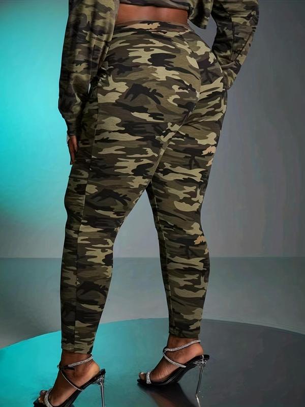 Plus Size Camo Print Drawstring Waist Leggings, Casual Pocket High Waist Skinny Pants for Women, Women's Bottoms for Spring & Fall