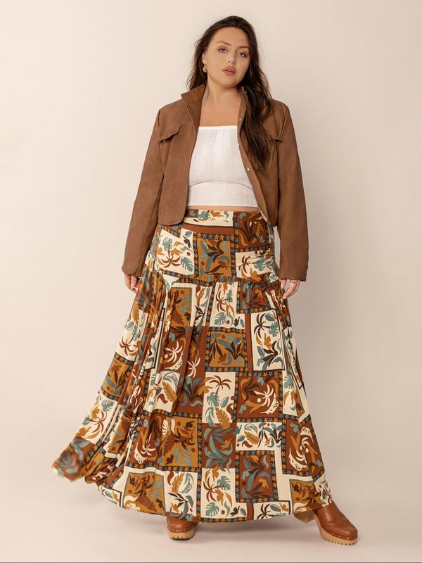  Patchwork Print A Line Skirt, Boho Fashion Casual Long Skirt for Daily Holiday Vacation Wear, Women's Bottoms for Fall & Winter