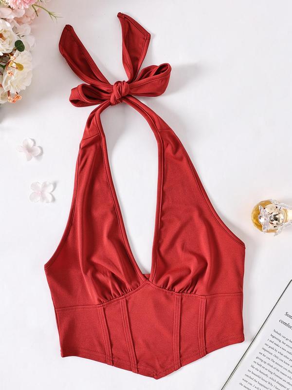 Women's Plain Halter V Neck Bustier Crop Top, Summer Clothes Women, Tie Back Ruched Sleeveless Backless Tops for Party Holiday Vacation,  Cute Crop Tops, Lady Basic Summer Clothing for Daily Wear, Streetwear Womenswear, Latina Outfits