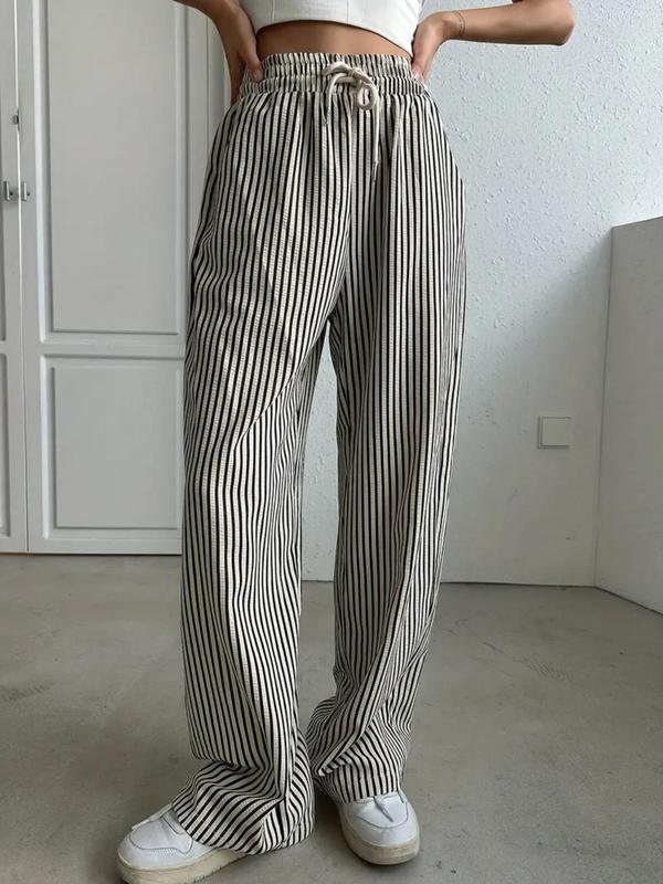 Women's Striped Print Drawstring Waist Wide Leg Pants, Casual Pocket Trousers for Summer, Women's Bottoms for Daily Wear