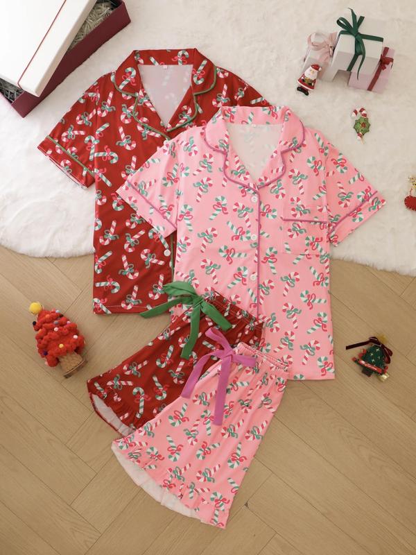 Two-Piece Set Women's Christmas Themed Contrast Binding Lapel Neck Pajama, Short Sleeve Button Front Shirt & Shorts PJ Set, Ladies Sleepwear for All Seasons