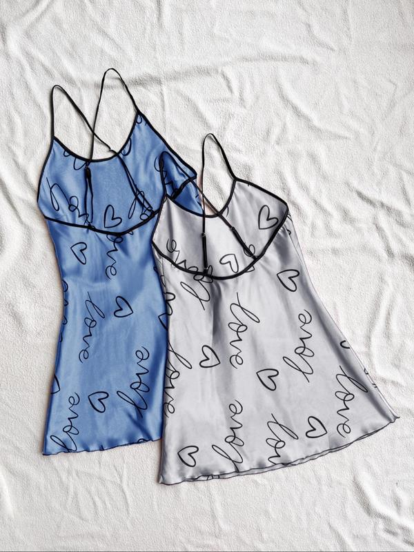 Women's Heart & Letter Print Criss Cross Backless Cami Nightdress, Summer Clothes Women, Casual Adjustable Spaghetti Strap Nightgown, Night Gown for Women, Women's Sleepwear & Loungewear