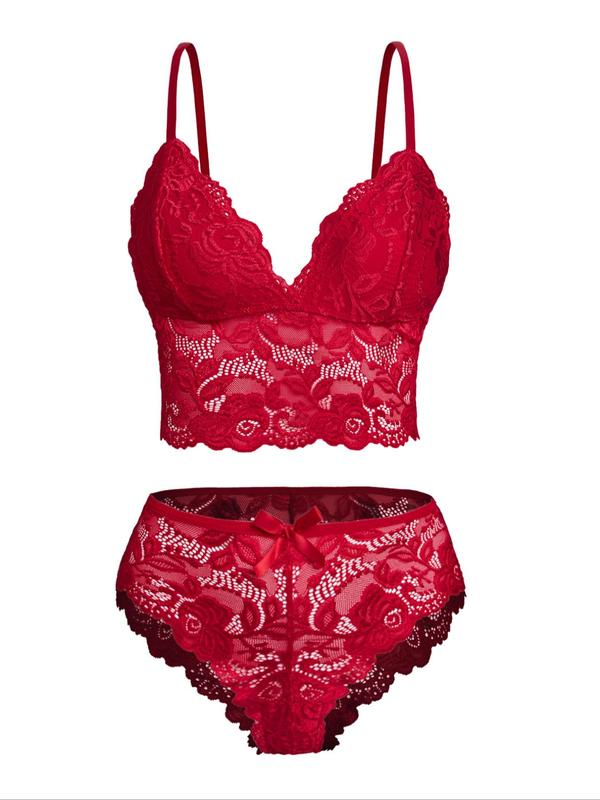 Two-Piece Set Women's Floral Lace Bra & Bow Decor Panty Set, Sexy Comfortable Breathable Lingerie Set for Daily Wear, Underwear Set for Women