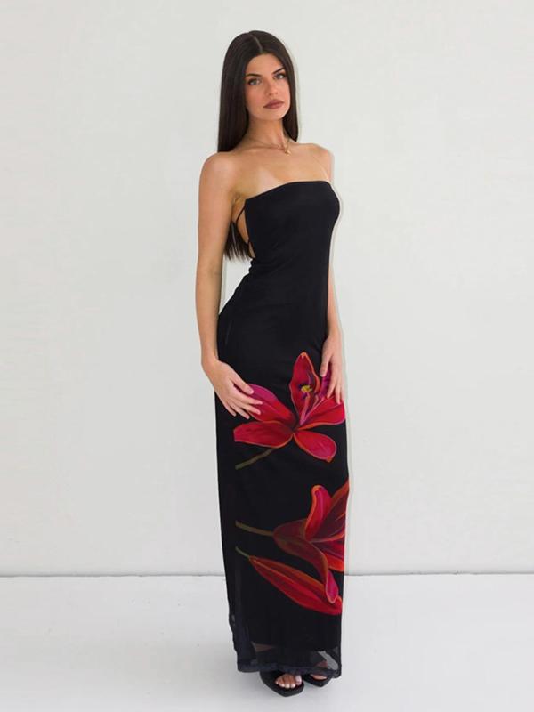 Women's Floral Print Backless Bodycon Tube Dress, Elegant Strapless Tie Back Dress for Party Club Dating Wear, Dresses for Women, Ladies Summer Clothes, Homecoming Dresses