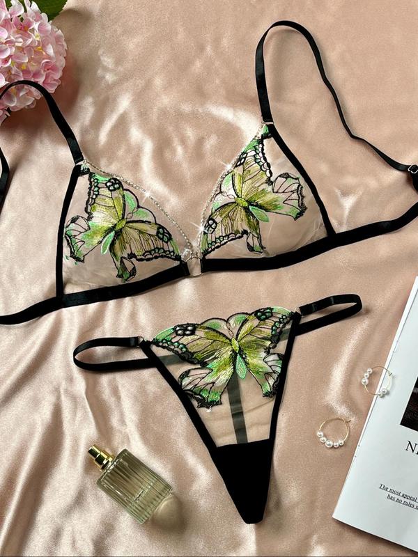 Women's Butterfly Embroidery Ring Linked Sheer Sexy Lingerie Set, Elegant Romantic Chain Decor Bra & Thong Set, Women's Lingerie & Underwear for All Seasons