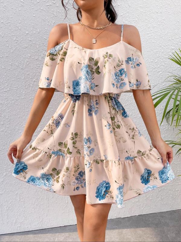 Women's Floral Print Cold Shoulder Ruffle A Line Vintage Dress, Summer Outfits 2024, Boho Flounce Sleeve Short Dress for Beach Holiday Vacation, Bohemain Lady Sundress, Ladies Birthday Outfit Black Girl Thneed Dress