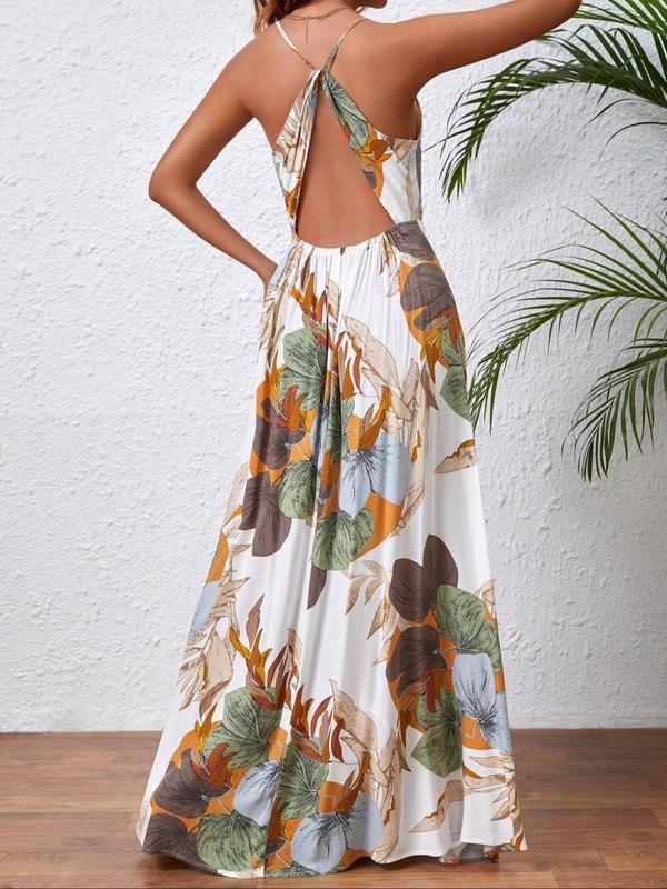 Women's Floral Backless Split Thigh Wrap Vintage Dress, Summer Clothes, Back To School Outfits, Lady Casual Boho Sleeveless Spaghetti Strap Long Sundress, Casual Summer Outfits 2024