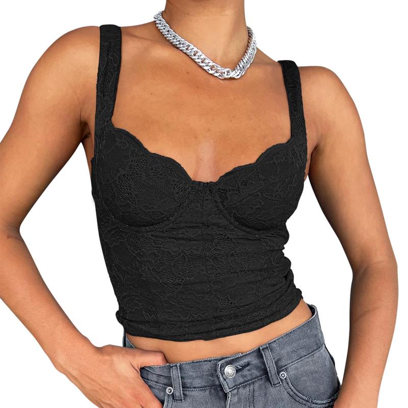 REORIA Women's Summer Sexy Square Neck Sleeveless Going Out Lace Bustier Tank Crop Tops