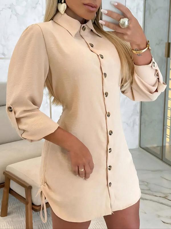 Women's Plain Long Sleeve Drawstring Button Front Shirt Dress, Casual Rolled Sleeve Collared Short Dress for Spring & Fall, Ladies Clothes for Daily Wear, Birthday Clothes