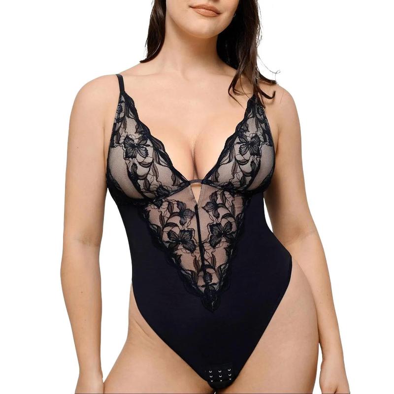 FeelinGirl Lace Shapewear Bodysuit Tummy Control Deep V Lingerie for Women One Piece Backless Body Suit Thongs Breathable Comfortable Womenswear FeelinGirlshop