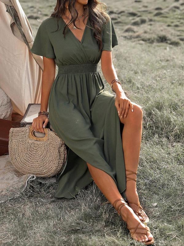 Women's Plain Split Thigh A Line Vintage Dress, Boho Shirred Butterfly Sleeve Long Dress for Beach Holiday Vacation, Back To School Clothes, Ladies Clothes for All Seasons,  Fall Dresses