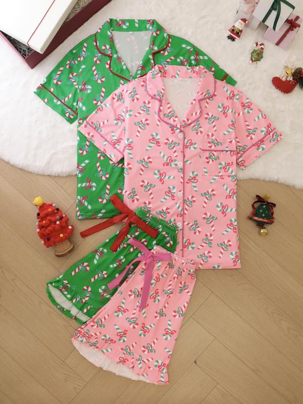 Two-Piece Set Women's Christmas Themed Contrast Binding Lapel Neck Pajama, Short Sleeve Button Front Shirt & Shorts PJ Set, Ladies Sleepwear for All Seasons