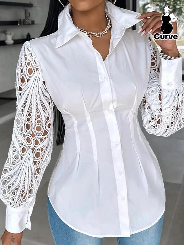  Contrast Lace Bishop Sleeve Blouse, Elegant Button Front Plicated Top, Going Out Tops, Women's Summer Clothes for Daily Wear